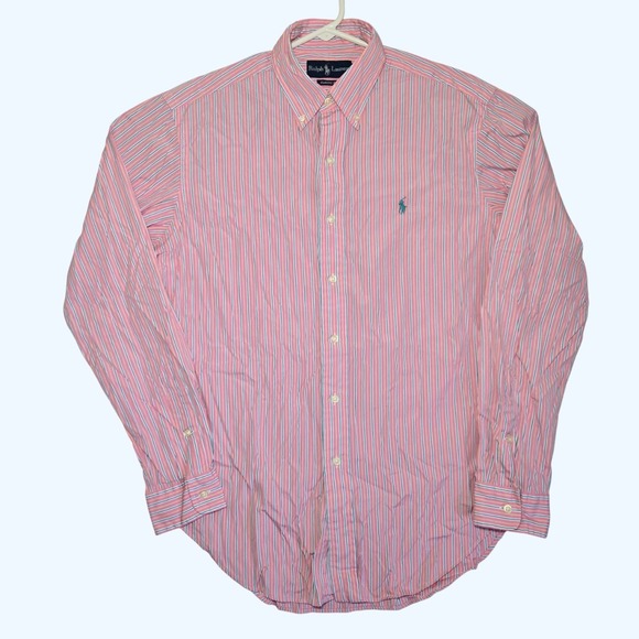 Ralph Lauren Classic Fit Mens Pink Yellow Teal Striped Button Down Shirt Medium - Picture 2 of 8